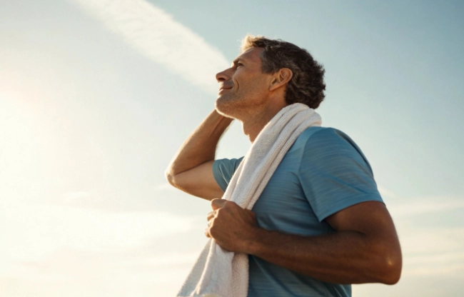 Middle-Aged Man With Towel Looking Up at Sky Building Resilience Strategies for Overcoming Challenges in Business and Life body